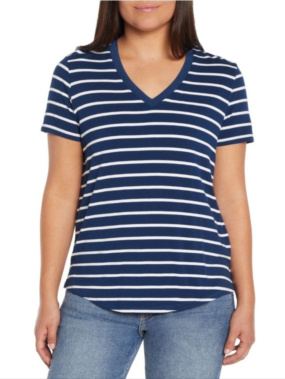GAP Navy and White Striped V-Neck Tee - Size XL